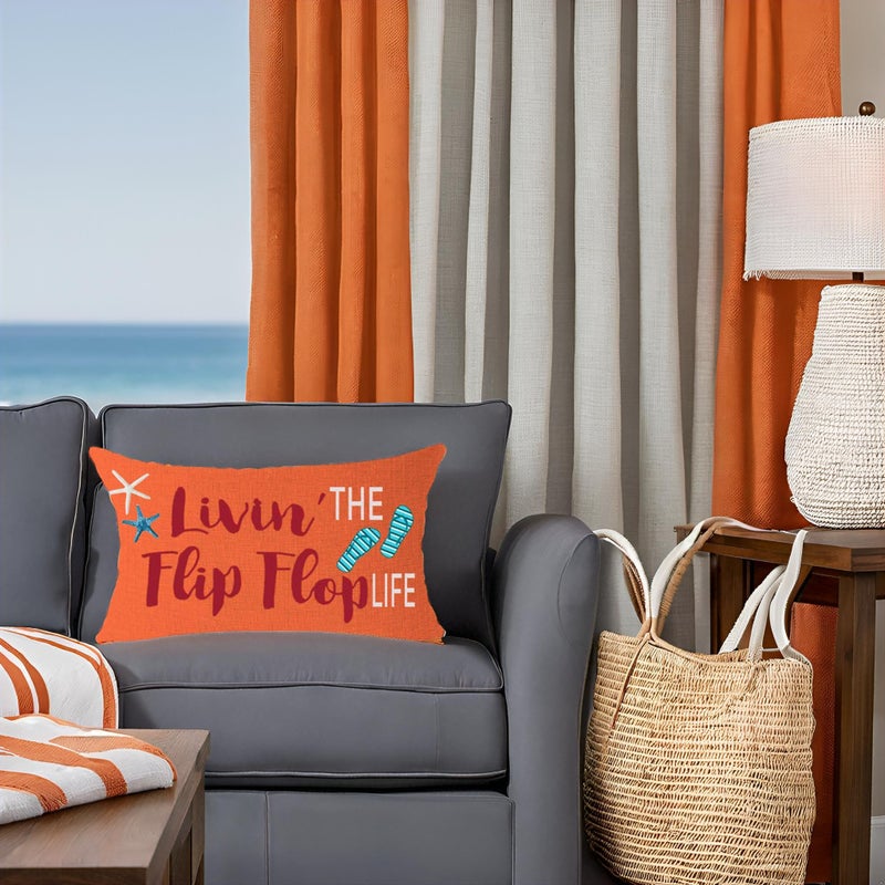 FELENIW Livin' The Flip Flop Life Starfish Shell Fun Quote Gift for Beach Lake Camping Outdoor Throw Pillow Cover Cushion Case Cotton Linen Decorative Lumbar 12x20 inch - Image 4